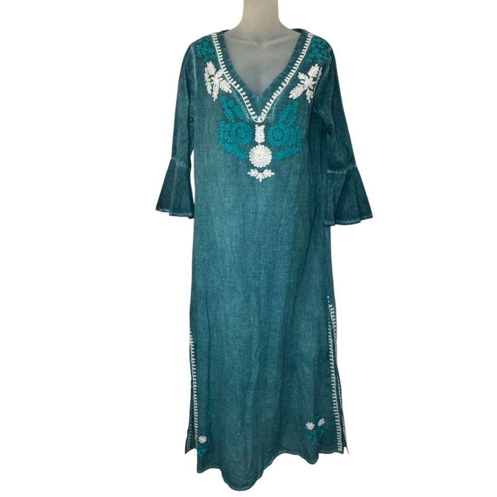 Debbie Katz South Beach Fez Tunic Dress Teal Embroidered Boho Maxi Sz‎ M $129